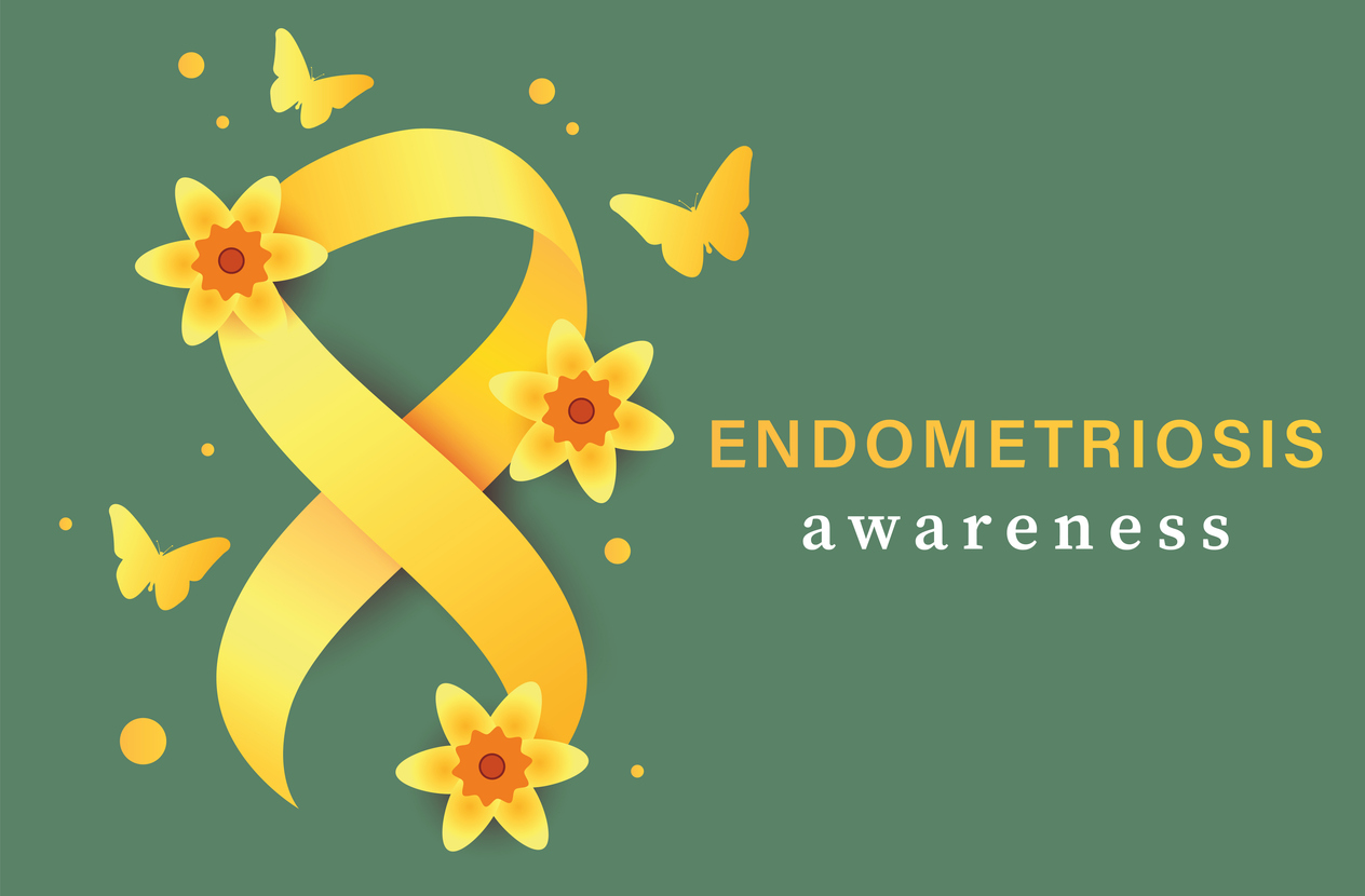 endometriosis awareness background. yellow ribbbon with yellow flower and butterfly